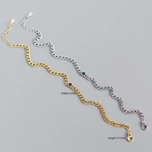 French style S925 silver tank chain bracelet with green gemstone, 3.2mm width 17+3cm