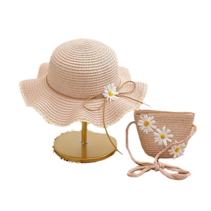Kids straw sun hat and daisy crossbody bag set with floral bow for summer beach