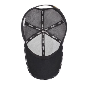 Internal view of black mesh baseball cap with embroidered branding and adjustable strap