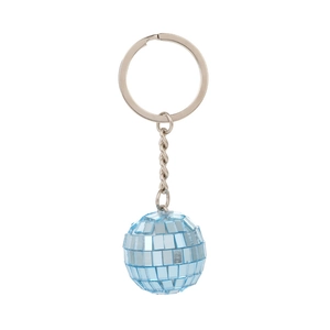 Detail of light blue disco ball keychain with reflective mirror tiles and silver metal chain