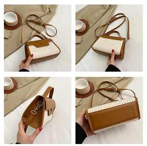 Vues détaillées du petit sac à bandoulière avec cuir marron et paille tressée