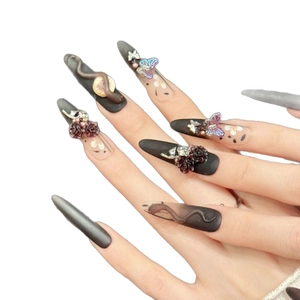 Gothic dark snake and rose press-on nails with black gradient and 3D metal relief