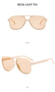 Front and side view of beige aviator sunglasses with light tea lenses and double bridge