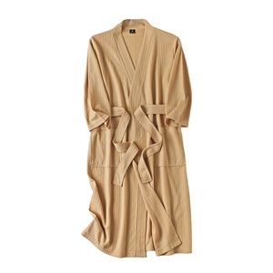 Absorbent waffle knit bathrobe in light khaki with V-neck design and matching waist belt