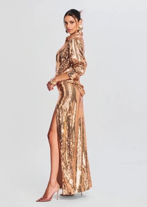 Rose gold sequined long sleeve maxi dress with side high slit for party and evening wear