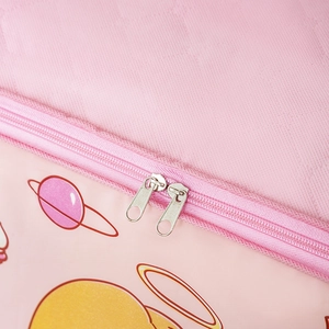 Close-up of durable metal dual zippers and pink cartoon print on the waterproof storage bag
