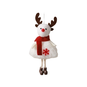 Plush reindeer Christmas tree ornament with red scarf and snowflake embroidery detail