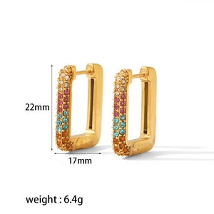 Detail shot of gold-plated rectangle hoop earrings with multi-colored cubic zirconia pave