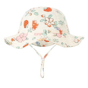 Kids cotton sun hat with adjustable strap and strawberry floral print in creamy white