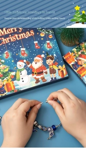 Close-up of attaching blue beads and charms for a Christmas DIY bracelet gift set