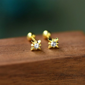 Macro shot of 925 sterling silver star stud earrings with round cubic zirconia and screw back