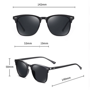 Classic polarized sunglasses with dimensions showing frame width and lens height