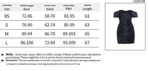 Size chart for off-shoulder velvet bodycon dress with XS to L measurements in centimeters