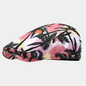 Vintage flat cap with tropical sunset palm tree print for outdoor fashion and vacation