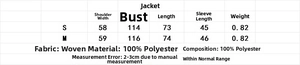Size chart for casual double-sided wool coat featuring woven polyester fabric measurements