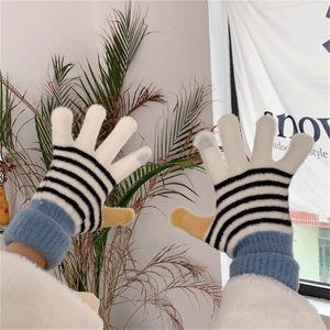 Detail of color-block striped knit gloves featuring touchscreen fingers and thermal lining