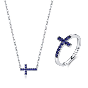 Parure en argent sterling S925 avec croix horizontale et pierres bleues