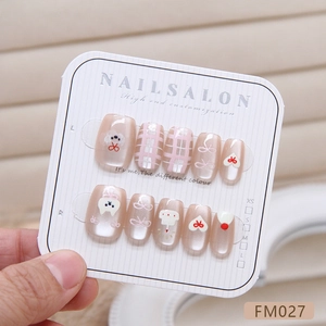 Pink cat eye press-on nails set featuring cute puppy, heart, and bow hand-painted patterns