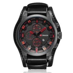 Men's CURREN military watch with large black dial, red markers, and leather strap
