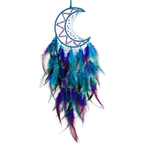 Blue and purple crescent moon dream catcher with handmade feathers and decorative beads