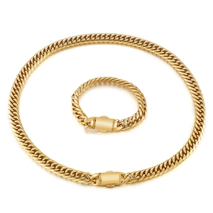 Flat Cuban link necklace and bracelet set in polished gold finish with box clasp