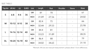 Detailed size chart for solid color elegant athletic dress including UK US EURO measurements