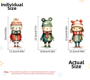 Size chart showing height and width of cartoon cat, bear, and deer Christmas stickers