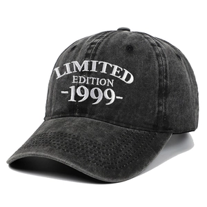 Distressed dark gray washed cotton baseball cap with Limited Edition 1999 embroidery