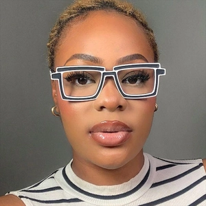 Close-up of 2D comic style TR90 square glasses with black and white frame on model