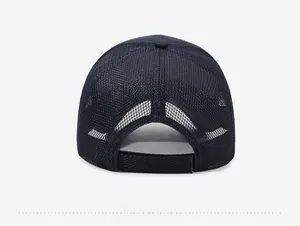 Detail of the navy blue mesh baseball cap back showing adjustable velcro strap
