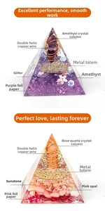 Macro detail of Orgone Pyramid showing amethyst crystal, copper coil and flower of life