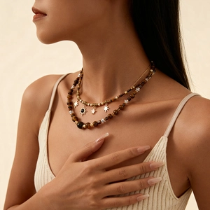 Bohemian multi-layer tiger eye beaded necklace with sun and star pendants for women