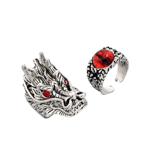 Vintage silver dragon and evil eye ring set with striking red stone accents for men