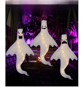 Three LED glowing white ghost windsocks with spooky faces for outdoor Halloween yard decor