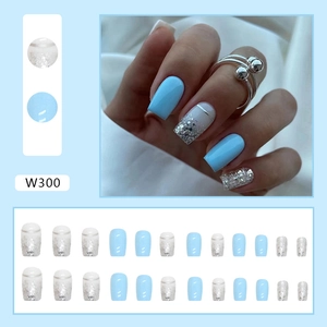 Blue and silver glitter long square press-on nails set with W300 design for women