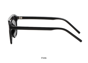 Side view of black square sunglasses featuring wide temples and silver metal hinges