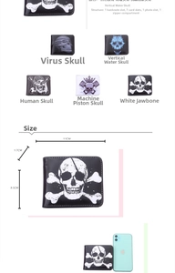 Detailed view of skull print wallet with dimensions and internal multi-card slots