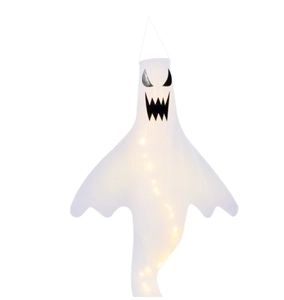 Detail of white Halloween ghost windsock with LED lights and hanging rope for decor