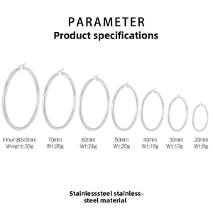 Size chart for stainless steel hoop earrings ranging from 20mm to 80mm diameter