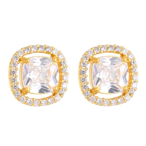 Elegantes pendientes cuadrados dorados con circonita central y engaste de halo brillante