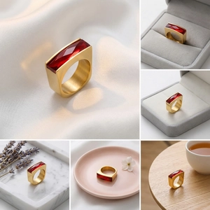 Detailed views of gold square ring with red gemstone in various elegant lifestyle settings