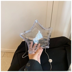 Detail view of transparent star-shaped acrylic crossbody bag with silver chain strap