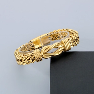 Men's gold-plated stainless steel braided Cuban chain bracelet with 8-knot clasp