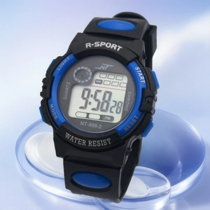 Digital sports watch for children with black band and blue accents on a display stand