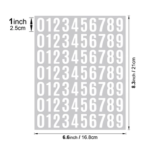 Technical drawing showing 1-inch white vinyl number stickers with specific sheet dimensions