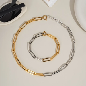 Two-tone gold and silver stainless steel paperclip chain necklace and bracelet jewelry set