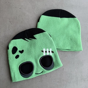 Funny green monster knitted beanie with eye holes for Halloween costume and winter warmth