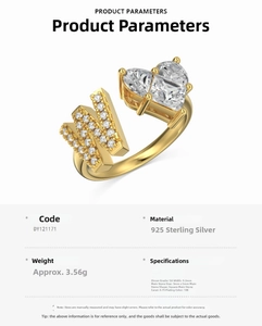 Detailed spec sheet showing S925 sterling silver heart ring with letter W and zircons