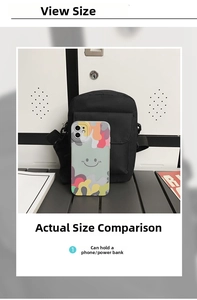 Nylon crossbody bag shown with a smartphone for size comparison and storage detail