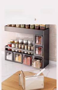 Three-tier wall-mounted kitchen spice rack with transparent drawers and shelf storage